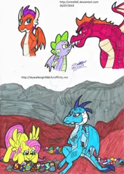 Size: 1280x1790 | Tagged: safe, artist:artistnjc, derpibooru import, fluttershy, garble, princess ember, smolder, spike, dragon, pegasus, pony, sweet and smoky, confused, dragon egg, dragon lord ember, egg, faceoff, looking at each other, nose to nose, staredown