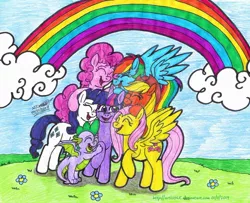 Size: 1280x1041 | Tagged: safe, artist:artistnjc, derpibooru import, applejack, fluttershy, pinkie pie, rainbow dash, rarity, spike, twilight sparkle, twilight sparkle (alicorn), alicorn, dragon, earth pony, pegasus, pony, unicorn, the last problem, cloud, friendship, group hug, hug, mane seven, mane six, rainbow, smiling, traditional art, winged spike