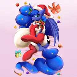 Size: 3892x3892 | Tagged: suggestive, artist:pridark, derpibooru import, princess luna, alicorn, pony, :p, blushing, christmas, christmas ornament, christmas stocking, clothes, cute, decoration, dock, ear fluff, featureless crotch, female, hat, high res, holiday, lunabetes, mare, present, ribbon, sack, santa hat, socks, solo, thigh highs, tongue out, underhoof