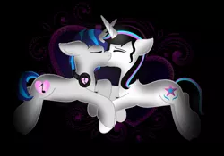 Size: 1080x757 | Tagged: safe, artist:rxndxm.artist, derpibooru import, oc, oc:heart beat, oc:shooting star, unofficial characters only, pony, unicorn, eyes closed, female, headphones, kissing, male, mare, stallion, straight