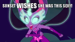 Size: 700x394 | Tagged: safe, derpibooru import, edit, edited screencap, screencap, sci-twi, twilight sparkle, equestria girls, friendship games, bare shoulders, caption, female, glowing eyes, image macro, implied sunset shimmer, midnight sparkle, open mouth, sleeveless, smiling, smirk, sneer, solo, strapless, text