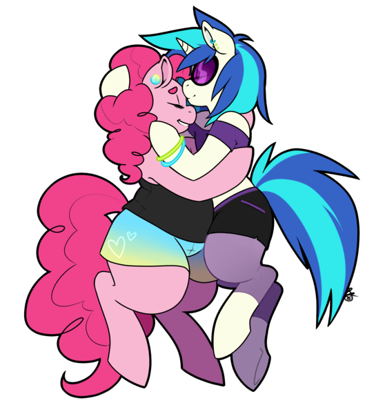Size: 2760x2968 | Tagged: safe, artist:collaredginger, derpibooru import, pinkie pie, vinyl scratch, anthro, earth pony, pony, unicorn, chubby, fat, female, lesbian, pudgy pie, shipping, simple background, transparent background, vinylpie