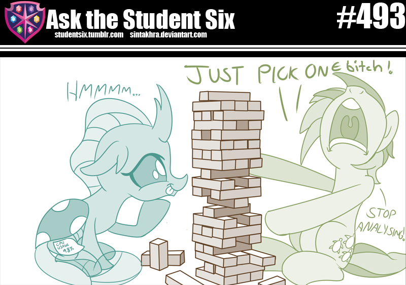 Size: 800x563 | Tagged: safe, artist:sintakhra, derpibooru import, edit, ocellus, sandbar, changedling, changeling, pony, tumblr:studentsix, annoyed, cpu usage, cute, diaocelles, duo, hmm, hoof on chin, jenga, nose in the air, post-it, spread hooves, text, vulgar