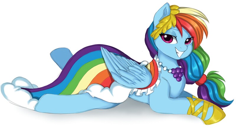 Size: 3804x2126 | Tagged: safe, artist:nijidashiey7, derpibooru import, rainbow dash, pegasus, pony, clothes, dress, female, gala dress, high res, lying down, mare, prone, simple background, smiling, solo, white background