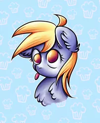 Size: 3114x3829 | Tagged: safe, artist:coco-drillo, derpibooru import, derpy hooves, pegasus, pony, :p, bust, chest fluff, colourful, cute, derp, diabetes, ear fluff, floppy ears, food, licking, muffin, outline, simple background, solo, tongue out