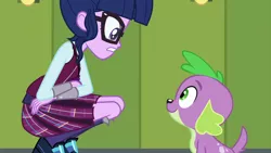 Size: 1280x720 | Tagged: safe, derpibooru import, edit, edited screencap, editor:slayerbvc, screencap, sci-twi, spike, spike the regular dog, twilight sparkle, dog, equestria girls, friendship games, accessory-less edit, clothes, crystal prep academy uniform, eye contact, female, lockers, looking at each other, looking down, looking up, magic capture device, male, missing accessory, school uniform