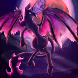 Size: 5800x5800 | Tagged: safe, artist:florarena-kitasatina/dragonborne fox, derpibooru import, part of a set, twilight sparkle, alicorn, bat pony, bat pony alicorn, absurd resolution, alternate universe, bat wings, blood moon, cel shading, evil version, horn, leonine tail, moon, shading, signature, singularity, solo, unshorn fetlocks, watermark, wings