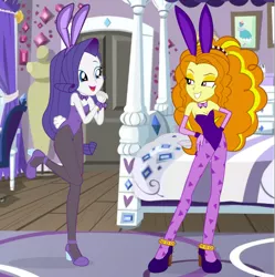 Size: 1649x1655 | Tagged: suggestive, artist:tiger99, derpibooru import, adagio dazzle, rarity, equestria girls, adagity, breasts, bunny suit, clothes, evening gloves, female, females only, gloves, high heels, lesbian, long gloves, pantyhose, playboy bunny, rarity's bedroom, shipping, shoes