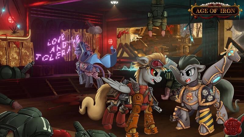Size: 1600x900 | Tagged: safe, artist:eztp, derpibooru import, oc, oc:breezy blight, oc:shifty sights, oc:steely lathe, unofficial characters only, pegasus, unicorn, fanfic:iron hearts, age of iron, argument, armor, augmentation, building, chaos, commission, corpse, death, fanfic art, graffiti, gun, heresy, imperial guard, iron warriors, khorne, nurgle, power armor, power hoof, tank (vehicle), tzeentch, war, warhammer (game), warhammer 40k, weapon