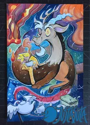 Size: 643x900 | Tagged: safe, artist:justasuta, derpibooru import, discord, draconequus, cup, discord's house, hat, looking at you, male, marker drawing, one eye closed, solo, teacup, teapot, the discord zone, traditional art, wink