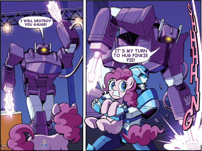 Size: 1000x750 | Tagged: safe, artist:caseycoller, derpibooru import, edit, idw, pinkie pie, earth pony, pony, spoiler:comic, spoiler:friendship in disguise, spoiler:friendship in disguise02, autobot, comic, crossover, decepticon, female, gauge (autobot), mare, shockwave, spatula, text edit