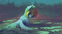 Size: 3267x1835 | Tagged: safe, artist:sharpieboss, derpibooru import, rainbow dash, pegasus, pony, female, fluffy, lilypad, looking at you, looking back, looking back at you, mare, seaweed, sky, smiling, solo, tree, water, wet, wet mane