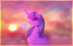 Size: 2048x1297 | Tagged: safe, artist:aaa-its-spook, derpibooru import, twilight sparkle, twilight sparkle (alicorn), alicorn, bird, pony, cloud, crying, feather, female, implied lesbian, implied rainbow dash, implied shipping, implied twidash, magic, mare, rainbow, solo, sun, tears of joy, teary eyes, telekinesis