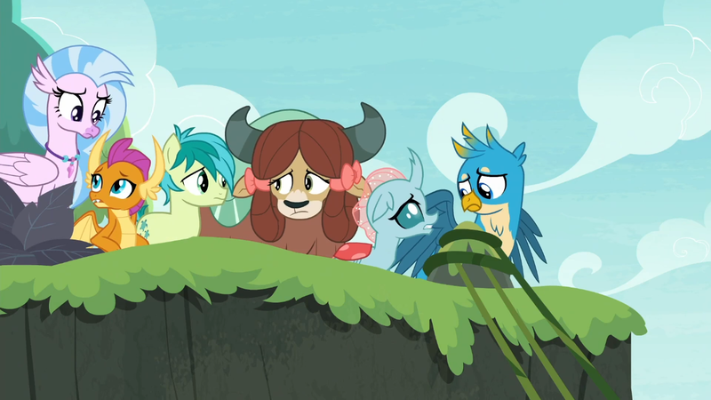 Size: 1366x768 | Tagged: safe, derpibooru import, screencap, gallus, ocellus, sandbar, silverstream, smolder, yona, changedling, changeling, dragon, earth pony, gryphon, hippogriff, pony, yak, non-compete clause, dragoness, female, male, student six