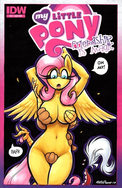 Size: 986x1518 | Tagged: source needed, suggestive, artist:redadillio, banned from derpibooru, deleted from derpibooru, derpibooru import, discord, fluttershy, anthro, draconequus, pegasus, arm behind head, belly button, breasts, busty fluttershy, cover art, dialogue, discoshy, duo, female, female focus, grope, idw logo, image, jpeg, male, oh my, open mouth, parody, shipping, solo focus, standing, straight, wide eyes