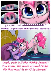 Size: 1500x2116 | Tagged: safe, artist:chopsticks, derpibooru import, pinkie pie, alicorn, earth pony, pony, bed, behaving like a cat, boop, cheek fluff, chest fluff, close-up, comic, cute, diapinkes, ear fluff, female, gold tooth, mare, morning ponies, noseboop, personal space invasion, pinkie being pinkie, pinkie logic, text, unshorn fetlocks