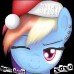 Size: 150x150 | Tagged: artist needed, safe, derpibooru import, rainbow dash, christmas, hat, holiday, low res image, one eye closed, picture for breezies, santa hat, solo, wink, xoxo