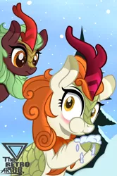 Size: 1500x2259 | Tagged: artist:theretroart88, autumn blaze, blushing, cinder glow, cute, derpibooru import, duo, eating, female, kirin, safe, snow, snowfall, summer flare, tree