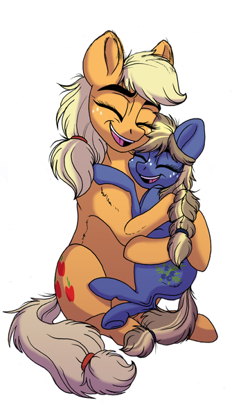Size: 3636x6264 | Tagged: safe, artist:celestial-rainstorm, derpibooru import, applejack, oc, oc:juniper berry, earth pony, pony, absurd resolution, female, filly, mother and child, mother and daughter, offspring, parent:applejack, parent:oc:ash bark, parents:canon x oc, simple background, white background