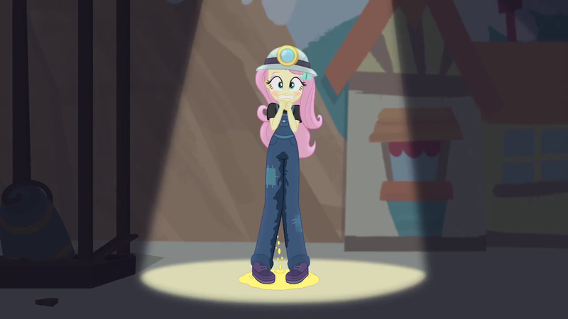 Size: 1279x720 | Tagged: questionable, artist:wolf, derpibooru import, edit, edited screencap, screencap, fluttershy, equestria girls, equestria girls series, opening night, blushing, clothes, embarrassed, fear wetting, fetish, helmet, humiliation, miner, overalls, pee edit, peeing in pants, pissing, pissing on self, public humiliation, scared, solo, spotlight, stage fright, this will end in diapers, this will end in tears, urine, watersports, wetting