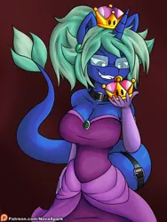 Size: 1200x1600 | Tagged: safe, artist:novaspark, derpibooru import, oc, oc:nova spark, unofficial characters only, anthro, monster pony, original species, tatzlpony, alternate hairstyle, choker, clothes, dress, ear piercing, earring, female, glasses, gloves, jewelry, piercing, princess, princessified, solo, super crown