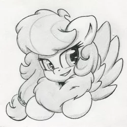 Size: 1496x1496 | Tagged: artist:zemer, chest fluff, cute, derpibooru import, fluffy, hair tie, monochrome, oc, oc:feather belle, safe, smiling, solo, traditional art