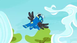 Size: 1280x720 | Tagged: safe, derpibooru import, screencap, thunderlane, pegasus, pony, marks and recreation, clothes, flying, goggles, male, solo, spread wings, stallion, uniform, wings, wonderbolts, wonderbolts uniform