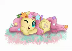 Size: 3000x2128 | Tagged: safe, artist:neondromeda, derpibooru import, fluttershy, pegasus, pony, cute, female, floral head wreath, flower, flower in tail, folded wings, high res, looking at you, lying down, mare, one eye closed, open mouth, prone, shyabetes, simple background, smiling, solo, white background, wings, wink, winking at you
