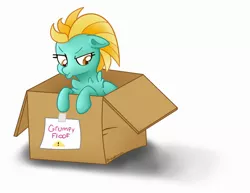 Size: 2326x1800 | Tagged: safe, artist:neondromeda, derpibooru import, lightning dust, pegasus, pony, box, chest fluff, female, floppy ears, folded wings, grumpy, high res, looking away, looking down, mare, note, pony in a box, pouting, simple background, solo, white background, wings