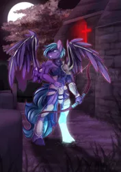 Size: 868x1228 | Tagged: safe, artist:dogi-crimson, artist:dogicrimson, derpibooru import, oc, oc:erebus, unofficial characters only, anthro, pegasus, undead, anthro oc, bow (weapon), digital art, male, missing limb, solo, tattered, tattered wings, wings