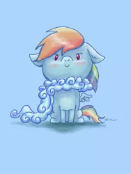 Size: 1536x2048 | Tagged: safe, artist:catscratchpaper, derpibooru import, rainbow dash, pegasus, pony, >:), beady eyes, blue background, blushing, chibi, clothes, cloud, cute, dashabetes, floppy ears, high res, looking at you, scarf, simple background, sitting, solo