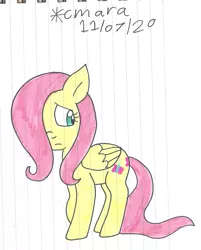 Size: 992x1236 | Tagged: safe, artist:cmara, derpibooru import, fluttershy, pegasus, pony, female, filly, filly fluttershy, folded wings, hair over one eye, lined paper, looking away, raised hoof, sad, simple background, solo, standing, traditional art, white background, wings, younger