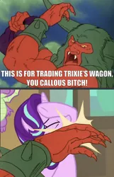 Size: 2000x3108 | Tagged: safe, derpibooru import, edit, edited screencap, screencap, lord tirek, spike, starlight glimmer, centaur, dragon, pony, unicorn, rescue at midnight castle, road to friendship, the beginning of the end, abuse, bag, caption, claws, exploitable meme, eyes closed, fangs, female, g1, glimmerbuse, go to gulag op, go to sleep chrysalis, hoof on head, horns, image macro, impact font, implied trixie, male, mare, meme, open mouth, rainbow of darkness, reference, slap, text, tirac slap, vulgar