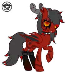 Size: 563x663 | Tagged: safe, artist:ragedox, derpibooru import, oc, oc:naylen lith, demon, demon pony, original species, pony, succubus, black sclera, clothes, cutie mark, doom equestria, evil, female, horn, jewelry, looking at you, necklace, pentagram, prices, show accurate, simple background, socks, solo, tail, transparent background, vector, wings