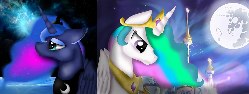 Size: 2160x822 | Tagged: safe, artist:rxndxm.artist, derpibooru import, princess celestia, princess luna, alicorn, pony, bust, duo, ethereal mane, female, folded wings, full moon, jewelry, looking down, mare, mare in the moon, moon, night, peytral, profile, royal sisters, sad, siblings, sisters, split screen, stars, tiara, wings