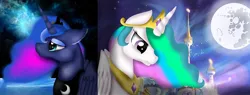 Size: 2160x822 | Tagged: safe, artist:rxndxm.artist, derpibooru import, princess celestia, princess luna, alicorn, pony, bust, duo, ethereal mane, female, folded wings, full moon, jewelry, looking down, mare, mare in the moon, moon, night, peytral, profile, royal sisters, sad, siblings, sisters, split screen, stars, tiara, wings