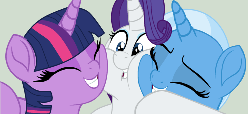 Size: 1746x800 | Tagged: safe, artist:jadethepegasus, derpibooru import, rarity, trixie, twilight sparkle, cheek squish, cheek to cheek, eyes closed, female, grin, hug, lesbian, polyamory, rarilight, rarixie, shipping, smiling, squishy cheeks, twixie, twixity