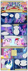 Size: 612x1552 | Tagged: safe, artist:newbiespud, derpibooru import, edit, edited screencap, screencap, princess cadance, princess celestia, shining armor, alicorn, pony, unicorn, comic:friendship is dragons, a canterlot wedding, cave, clothes, comic, dialogue, disguise, disguised changeling, evil grin, eyes closed, female, glowing eyes, glowing horn, grin, hoof shoes, horn, male, mare, messy mane, mind control, mirror, reflection, screencap comic, smiling, smirk, stallion, wedding veil