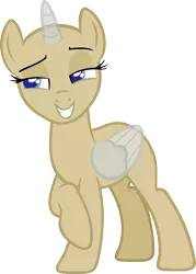 Size: 979x1370 | Tagged: safe, artist:pegasski, derpibooru import, oc, unofficial characters only, alicorn, pony, the one where pinkie pie knows, alicorn oc, bald, base, bedroom eyes, eyelashes, eyes closed, grin, horn, raised hoof, simple background, smiling, solo, transparent background, two toned wings, wings