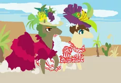 Size: 793x541 | Tagged: safe, artist:saby, derpibooru import, oc, oc:even bits, oc:gladiolus, unofficial characters only, earth pony, pony, 1000 hours in ms paint, clothes, colored, crossdressing, desert, dress, duo, flat colors, fruit hat, hat, horse heresy, lineless, makeup, male, ms paint, outdoors, roleplay illustration, stallion, walking