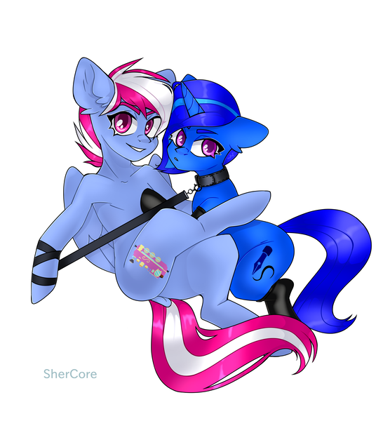 Size: 2348x2580 | Tagged: suggestive, artist:shercore, derpibooru import, oc, oc:blue vector, oc:loco steamy, unofficial characters only, pegasus, pony, sheep, unicorn, clothes, collar, commission, female, horn, latex, latex socks, leash, looking at you, male, pegasus oc, pet play, ram, smiling, socks, unicorn oc, wings, ych result