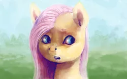 Size: 3097x1936 | Tagged: safe, artist:sharpieboss, derpibooru import, fluttershy, pegasus, pony, bandaid, bust, eyebrows, female, grass, grass field, mare, nose bandaid, open mouth, sky, solo, tree