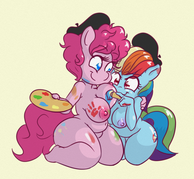 Size: 2199x2035 | Tagged: questionable, artist:snus-kun, derpibooru import, pinkie pie, rainbow dash, anthro, earth pony, pegasus, unguligrade anthro, griffon the brush off, areola, beret, big breasts, bodypaint, breasts, busty pinkie pie, busty rainbow dash, chubbie pie, chubby, chubby dash, duo, duo female, female, handprint, hat, hug, kneeling, nipples, nudity, paint, paintbrush, palette, plump, smiling, thighs, thunder thighs