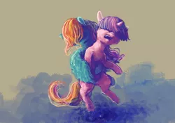 Size: 2912x2059 | Tagged: safe, artist:sharpieboss, derpibooru import, rainbow dash, twilight sparkle, pegasus, pony, unicorn, duo, duo female, embrace, female, mare, unicorn twilight, wing hold