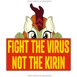 Size: 480x480 | Tagged: safe, artist:mrkat7214, derpibooru import, edit, editor:tngjstn, autumn blaze, kirin, awwtumn blaze, caption, coronavirus, cute, looking at you, mouthpiece, op is right, peeking, protest, sign, simple background, solo, transparent background, watermark