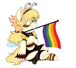 Size: 3417x3069 | Tagged: safe, artist:vizirka, derpibooru import, oc, oc:busy buzz (ice1517), unofficial characters only, bee pony, original species, pony, clothes, collar, commission, deely bobbers, female, gay pride flag, grin, hairband, hoofless socks, mare, mask, mismatched socks, pride, pride flag, rainbow, rainbow flag, raised hoof, raised leg, shirt, shorts, simple background, sitting, smiling, socks, solo, striped socks, transparent background, wristband, ych result