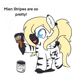 Size: 795x810 | Tagged: cute, derpibooru import, dialogue, happy, oc, oc:luftkrieg, open mouth, op is a duck, paintbrush, racism, raised leg, safe, simple background, solo, striped, stripeface, transparent background, unofficial characters only, zebra, zebraface