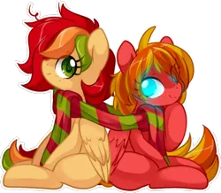 Size: 1146x1000 | Tagged: safe, artist:loyaldis, derpibooru import, oc, oc:compu, oc:maple, unofficial characters only, pegasus, pony, robot, robot pony, clothes, commission, female, filly, pegasus oc, scarf, shared clothing, shared scarf, simple background, transparent background, tulpa, wings