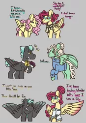 Size: 864x1235 | Tagged: safe, artist:justanotherfan-trash, derpibooru import, fluttershy, gentle breeze, posey shy, thunderlane, pegasus, pony, bouquet, bowtie, dialogue, female, flower, gray background, in-laws, male, mare, one wing out, shipping, simple background, stallion, straight, thundershy, wings