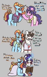 Size: 756x1226 | Tagged: safe, artist:justanotherfan-trash, derpibooru import, cookie crumbles, hondo flanks, rarity, sassy saddles, pony, unicorn, alternate hairstyle, book, comic, cuddling, dialogue, female, glasses, gray background, in-laws, lesbian, lying down, mare, prone, rarisaddles, reading, shipping, simple background